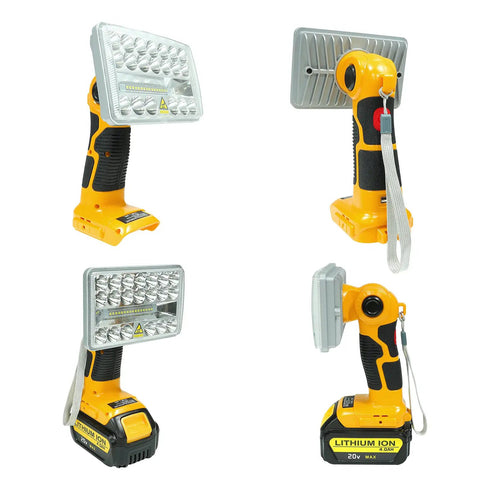 20V Cordless LED Work Light with 18W 2000 Lumen Output, USB Charging Port, shown from multiple angles with batteries attached