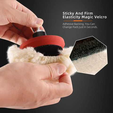 Five Piece Natural Wool Buffing Pad Set For Car Polishing 3 Inch 75mm with hook and loop backing held in hands.