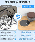 Before and after showing messy wires versus neat wires with Heavy Duty 2 Inch Desk Grommet And Cord Hole Cover White Abs Cable Pass Through Insert.