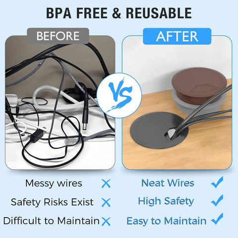 Before and after showing messy wires versus neat wires with Heavy Duty 2 Inch Desk Grommet And Cord Hole Cover White Abs Cable Pass Through Insert.