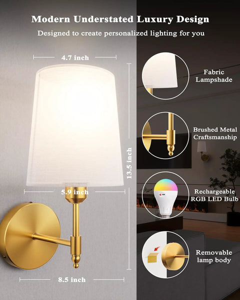 Super Sleek Battery Operated Wall Sconces Set Of 2 With Remote Control And Rechargeable RGB Bulbs In Classic Gold beside fabric lampshade
