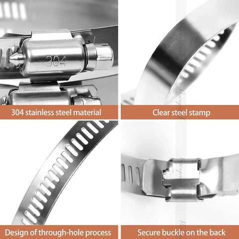 Detailed view of Stainless Steel Hose Clamp Set With Adjustable Worm Gear, 12 To 15.7 Inch Range, Five Pack, showing material and features