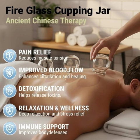 Deluxe 4 Piece Glass Cupping Set on person's back, promoting relaxation and pain relief, showcasing fire cupping therapy benefits.
