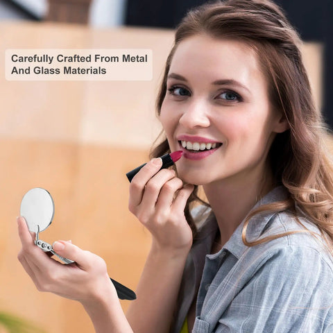 Woman applying lipstick using a telescoping inspection mirror, crafted from metal and glass, focus on product use