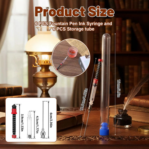 Image showing 6 Pack Fountain Pen Ink Syringe Fillers with Storage Tube Spring Converter Refill Tool for Ink Cartridges on desk