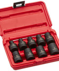 Half Inch Drive External Star Impact Socket Set 6 Point Cr-Mo 9 Piece E10 Through E24 in red heavy duty case, open view