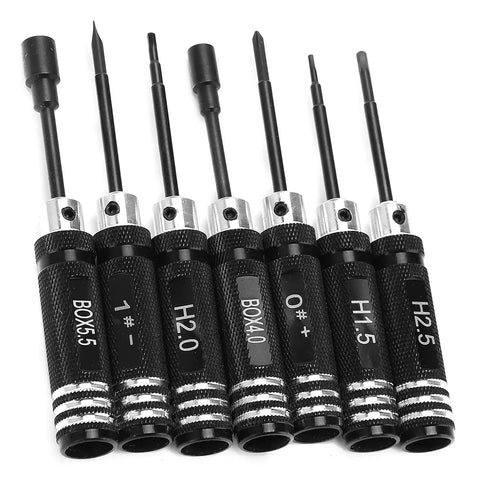 Alt Tag: 7 Piece Hex Slot Cross Bit Set With High Speed Steel Bits And Aluminum Alloy Handles for RC models displayed vertically.