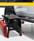 Mechanics Garage Creeper Seat And Stool Combo 300 LB Capacity, 5 Wheel Mobile Workshop Chair That Transforms From Creeper To Stool, Durable Build, Easy Rolling For Cars, Tools, And DIY Projects., black steel step stool with 5 swivel casters used beside a car