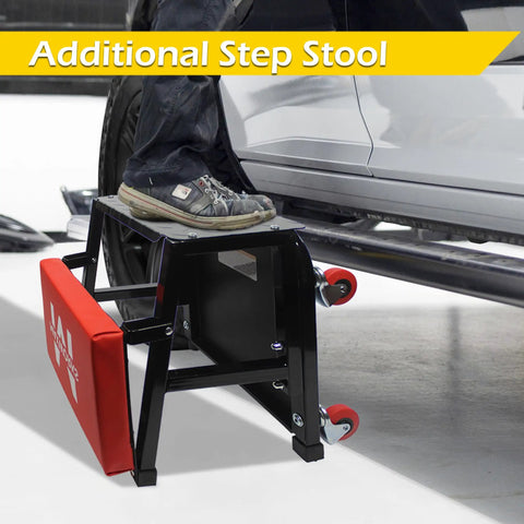Mechanics Garage Creeper Seat And Stool Combo 300 LB Capacity, 5 Wheel Mobile Workshop Chair That Transforms From Creeper To Stool, Durable Build, Easy Rolling For Cars, Tools, And DIY Projects., black steel step stool with 5 swivel casters used beside a car