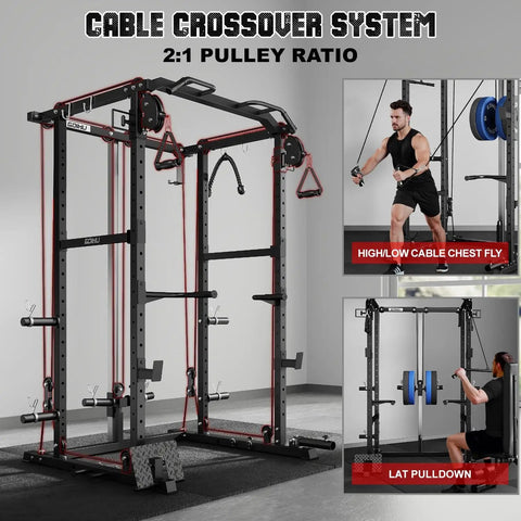 Built Like A Tank Power Cage Rack With Cable Crossover System And 2000 Pound Load Bearing Capacity For Game Changing Home Gym Setup Including Black Steel Framing Multi Function Workout Machine With Extra Training Attachments.