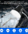 Clamp Light With 3000 Lumen Bright White 6500K Task Lamp in industrial setting, showing flexible metal hose and clip base.