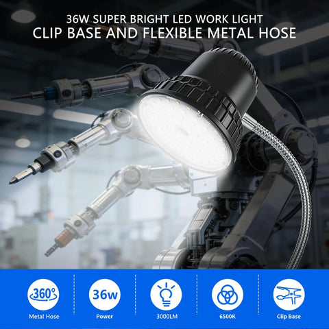 Clamp Light With 3000 Lumen Bright White 6500K Task Lamp in industrial setting, showing flexible metal hose and clip base.
