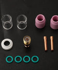 Pro Grade 12 Piece TIG Welding Torch Kit For WP17 WP18 WP26 Shorty Gas Lens Size 10 includes glass cups, nozzles, and collets.