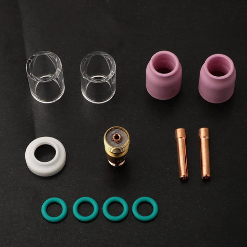 Pro Grade 12 Piece TIG Welding Torch Kit For WP17 WP18 WP26 Shorty Gas Lens Size 10 includes glass cups, nozzles, and collets.