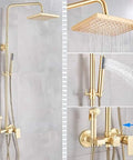 UBNMIUBV Shower System, Brushed Gold Shower Faucet Rainfall Shower Faucet Bathtub Mixer Tap with Hand Shower Bath Shower Water Mixer Tap Shower Sets-Brushed Gold D close-up view of shower head and hand shower.