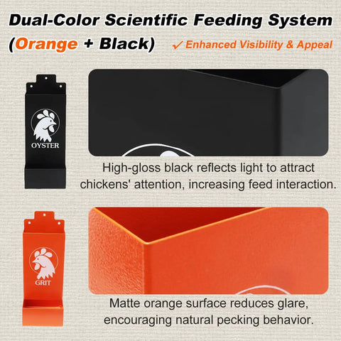 Hella Durable Metal Chicken Grit And Oyster Shell Feeder Built With Smooth Hanging Gravity Setup To Skip The Sweeping Hassle While Boosting Flock Nutrition And Getting Your Backyard Girls To Lay Eggs Daily in orange and black colors.