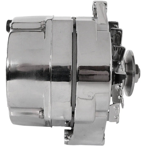 Side view of a chrome 105 Amp Marine Alternator Replacement For Mercruiser 10SI 1 Wire V Belt 12V CW Rotation Chrome Delco Style With Easy Install