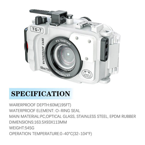 Underwater Camera Housing For Olympus Tough TG7 60m 195ft Waterproof Dope Scuba Case durable polycarbonate shell, front view.