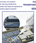 Close-up of SD360 No Clean Solder Flux Paste Ultra Low Residue Low Smoke Transparent Welding Flux with metal push rod on microchip.