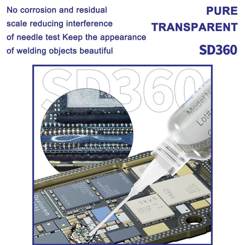 Close-up of SD360 No Clean Solder Flux Paste Ultra Low Residue Low Smoke Transparent Welding Flux with metal push rod on microchip.