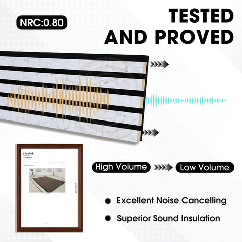 Premium Wood Slat Acoustic Panels Feature Heavy Duty Sound Absorption Tech Ideal For Epic Gaming Room Accent Walls And Home Theater Backdrops Available In Clean White Marble Finish showing sound test results.