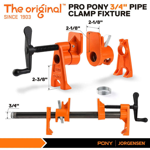 Two Pack Heavy Duty Wood Gluing Pipe Clamp Fixtures For Three Quarter Inch Black Pipe Quick Adjust Pipe Clamps That Free Your Hands Great For Glue Ups Joints Repairs And Woodworking Projects, orange pipe clamp fixtures, size 3/4 inch, with adjustable clamping face.