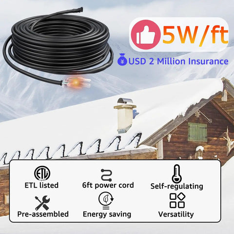 Self Regulating Heating Cable Kit 50 Feet 120V for roof deicing and pipe freeze protection, coiled beside snow-covered roof.