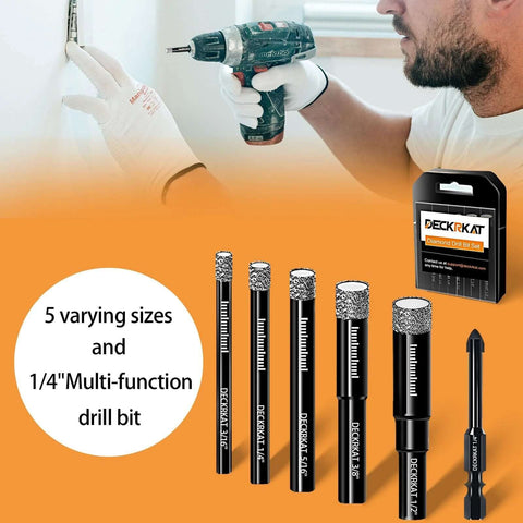 DeckRKAT 7-pc diamond drill bit set for tile and masonry; includes 3/16", 1/4" (x2), 5/16", 3/8", 1/2" and 1/4" masonry bit