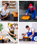 People using Two Piece Portable Plastic Tool Box Set With Removable Tray And 15 Inch Storage Box for various DIY projects.