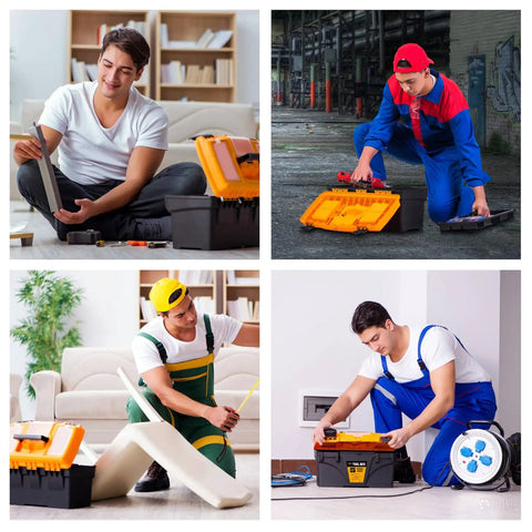 People using Two Piece Portable Plastic Tool Box Set With Removable Tray And 15 Inch Storage Box for various DIY projects.