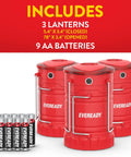 Three Pack LED Camping Lanterns Collapsible Lights For Tents And Outdoors, Beast Mode Brightness 360 Pro With Four Modes, IPX4 Water Resistant, Perfect For Power Outages And Storm Prep, Batteries Included shown with red lanterns and 9 AA batteries