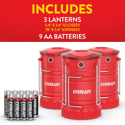 Three Pack LED Camping Lanterns Collapsible Lights For Tents And Outdoors, Beast Mode Brightness 360 Pro With Four Modes, IPX4 Water Resistant, Perfect For Power Outages And Storm Prep, Batteries Included shown with red lanterns and 9 AA batteries