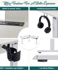 Close-up features of 60 Inch L Shaped Electric Standing Desk With Height Memory including power strip, hook, and cup holder