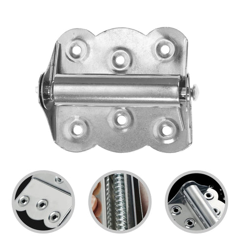 Self-closing stainless steel spring door hinge, 3-piece for garage/screen doors; front view shows mounting holes.