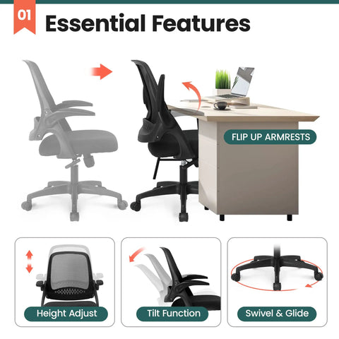 Ergonomic Office And Gaming Chair With Lumbar Support And Breathable Mesh Back Adjustable Height Swivel Rolling Wheels Flip Up Arms