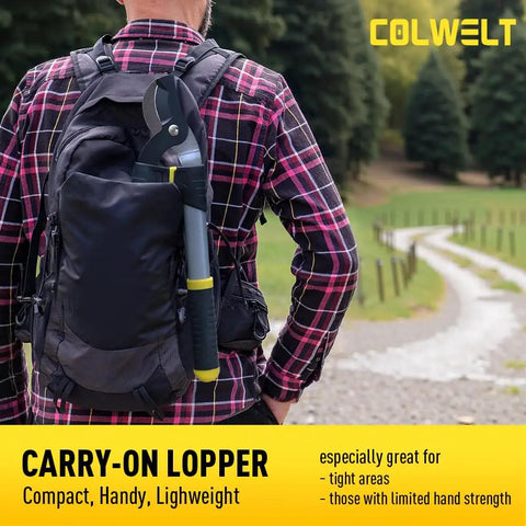 Man carrying Three Piece Garden Shears Set With Loppers, Hedge Clippers And Pruning Shears on backpack, outdoor path background