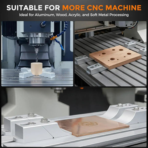 Ultra Compact Side Clamp Vise Set With 4 Pieces For Heavy Duty Machining and Low Profile Lateral Clamping on Small to Medium Work Pieces in Tight Spaces, shown in use on CNC machine with wood.