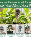 3 In 1 Plant Care Meter for indoor and outdoor plants showing soil moisture, sunlight, and pH with usage steps in potted plant.