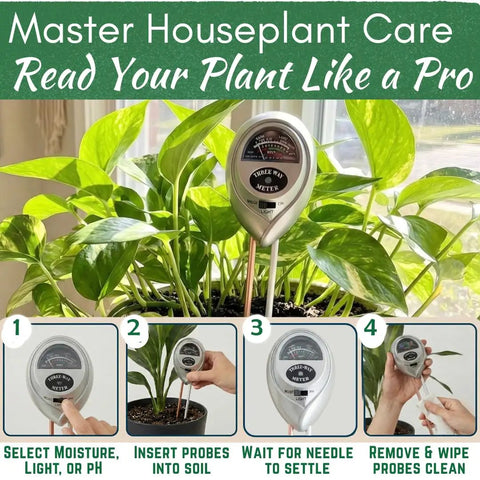 3 In 1 Plant Care Meter for indoor and outdoor plants showing soil moisture, sunlight, and pH with usage steps in potted plant.