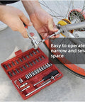 Person using a tool from an all-in-one 47 piece home repair tool kit on a bicycle, with a red compact toolbox shown.
