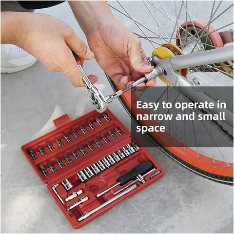 Person using a tool from an all-in-one 47 piece home repair tool kit on a bicycle, with a red compact toolbox shown.