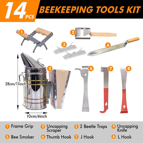 14 Piece Beekeeping Tools Starter Kit For Beekeepers Beginners And Pros With Organizer Tote And Beekeeping Gloves All In One Hive Tools Set For Daily Hive Maintenance And Smooth Honey Harvest showing tools and smoker