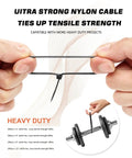 Heavy Duty 400 Pack Assorted Black Cable Ties Kit demonstrating tensile strength with nylon self-locking design for cord management.