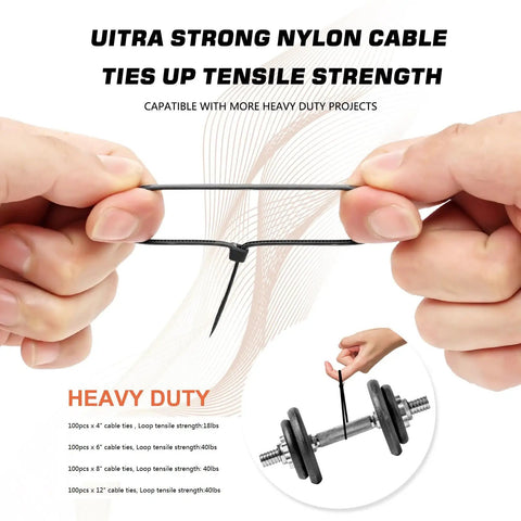 Heavy Duty 400 Pack Assorted Black Cable Ties Kit demonstrating tensile strength with nylon self-locking design for cord management.