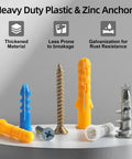 Drywall Anchors And Screws Kit 286 Piece Assortment With Plastic And Zinc Anchors in yellow and blue, displayed on white surface