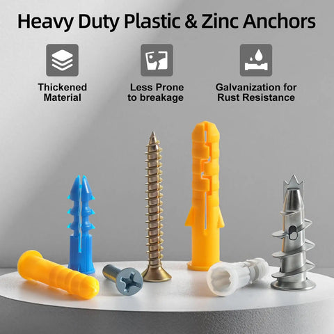 Drywall Anchors And Screws Kit 286 Piece Assortment With Plastic And Zinc Anchors in yellow and blue, displayed on white surface