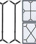 Bed Sheet Straps Adjustable Clips Stay Put Sheets On Your Bed With Durable Non Slip Fasteners For Fitted And Flat Sheets Universal Fit Easy To Install 2 Pack Black showing installation example and black straps.