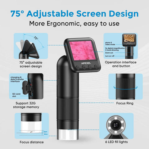 800X Handheld Digital Microscope With 2 Inch LCD Screen, Adjustable LED Lights, Pocket Microscope For Curious Kiddos, Coin Magnifier Camera, USB To PC, Great For STEM Projects And Immersive Micro World Exploration. 75° adjustable screen