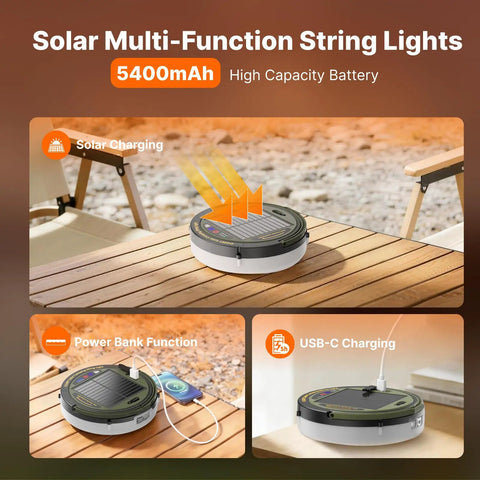 Solar Camping String Lights With Built In 5400mAh Power Bank USB Charger shown charging on a wooden table outdoors