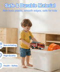Child with Totally Flexible 15 Foot Race Track Set For Kids 3 Plus Bendable Car Ramp Track in storage bin, safe material emphasized.